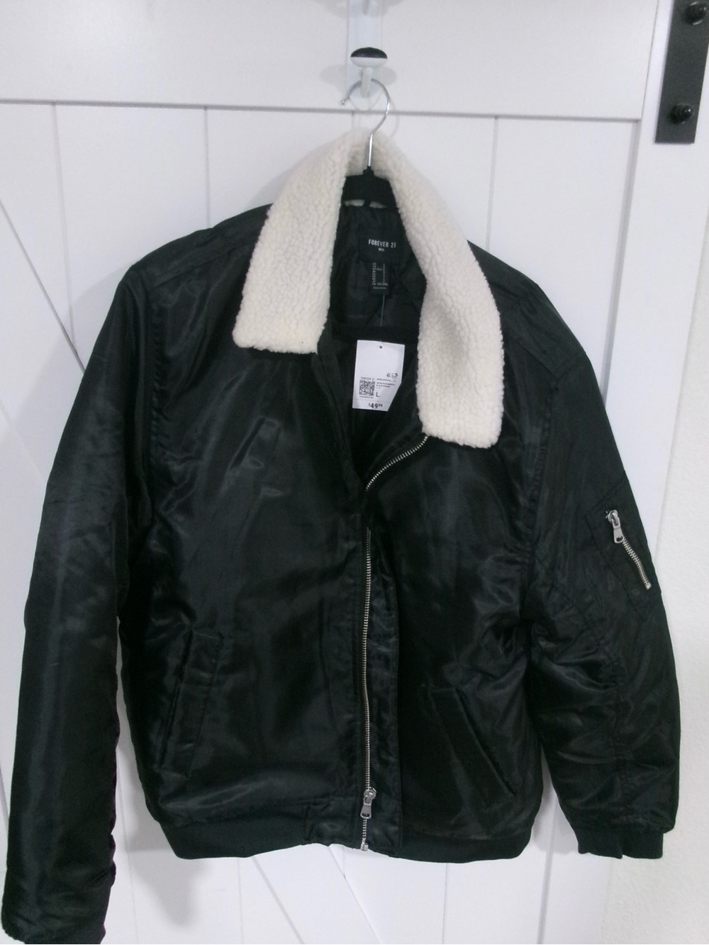 Forever 21 Black Bomber Jacket with Cream Sherpa Collar